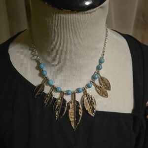 Silver and Blue Leaf Pendant Necklace